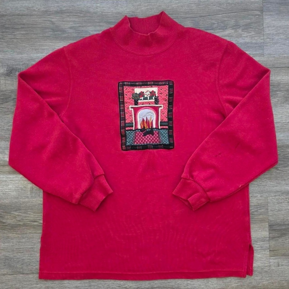 Alfred Dunner Vintage 90s Christmas Fireplace Mock Neck Sweatshirt Red Medium